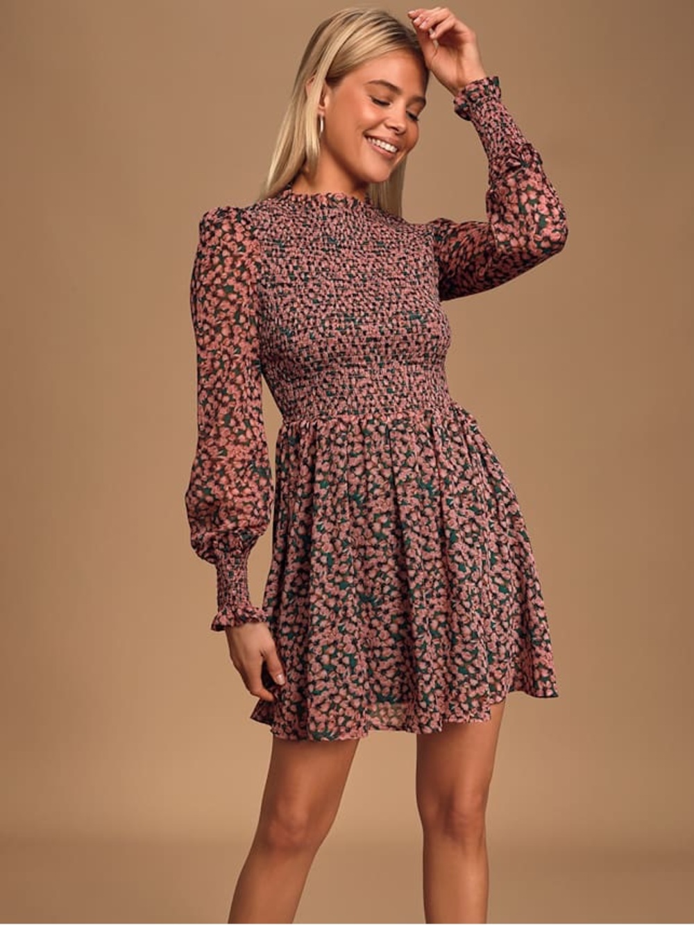Lulus Floral Forever Green and Pink Floral Print Smocked Skater Dress